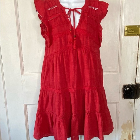 Knox Rose Red Tiered Boho Crochet Lace Baby Doll Mini Dress - Picture 5 of 14